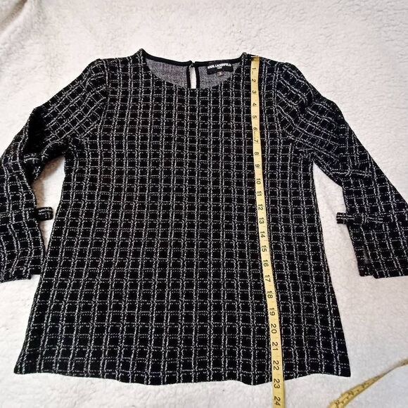 Karl Lagerfield Paris Windowpane Bow 3/4 Sleeve Blouse Top Black White Size S - Picture 6 of 8